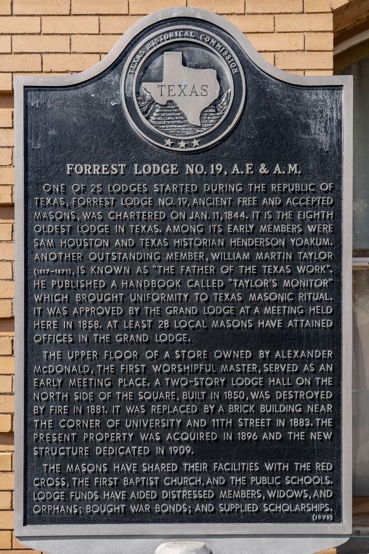 Forrest Lodge No. 19, A.F. & A.M. Marker image. Click for full size.