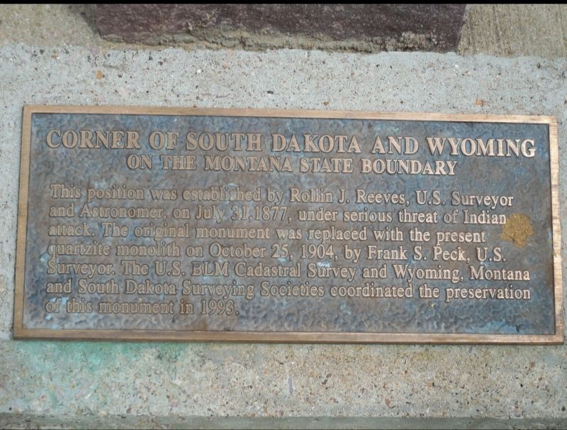 Corner of South Dakota and Wyoming on the Montana State Boundary Marker. Click for full size. Corner of South Dakota and Wyoming on the Montana State Boundary Marker image. Click for full size.
