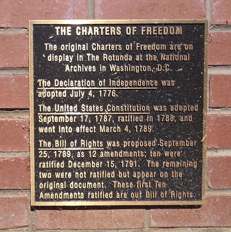 The Charters of Freedom Marker, Side One, located at the side of the far right display. Click for full size. The Charters of Freedom Marker, Side One, located at the side of the far right display image. Click for full size.