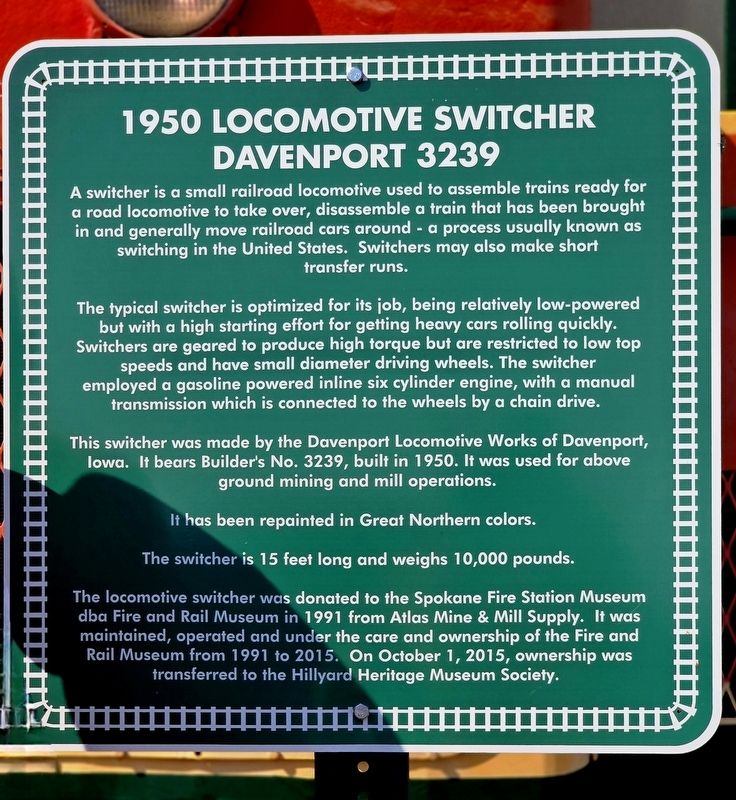 1950 Automotive Switcher Davenport 3239 Marker image. Click for full size.