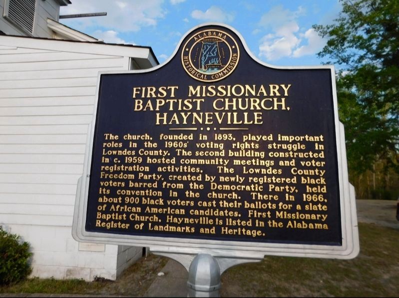 First Missionary Baptist Church, Hayneville Marker. Click for full size. First Missionary Baptist Church, Hayneville Marker image. Click for full size.