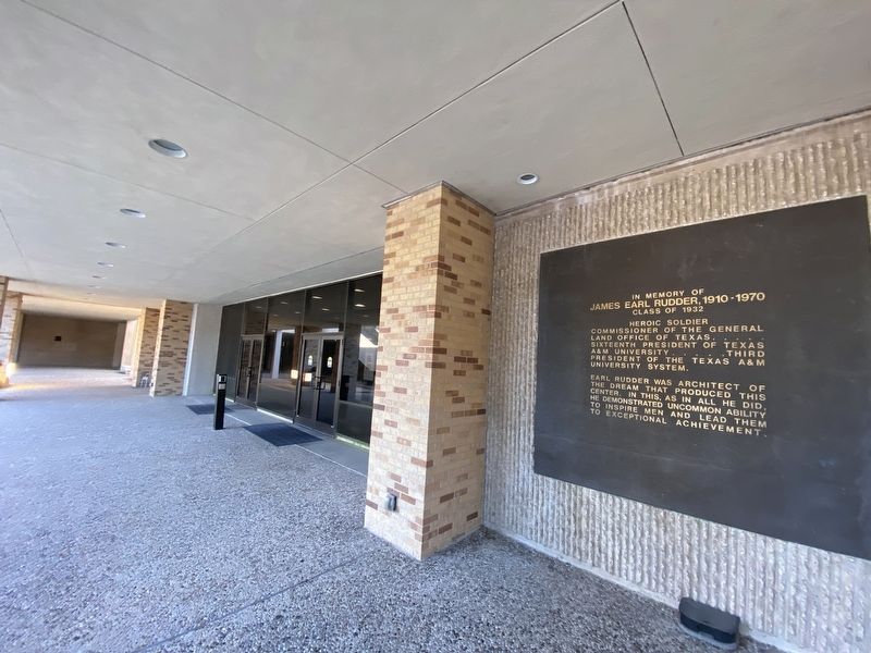 James Earl Rudder marker near an entrance to the Rudder Center and Rudder Tower. Click for full size. James Earl Rudder marker near an entrance to the Rudder Center and Rudder Tower image. Click for full size.