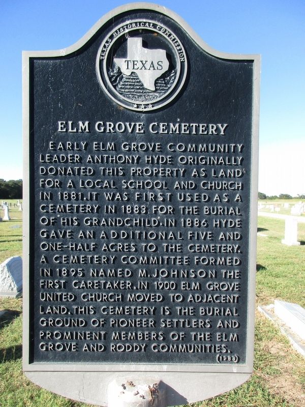 Elm Grove Cemetery Marker. Click for full size. Elm Grove Cemetery Marker image. Click for full size.