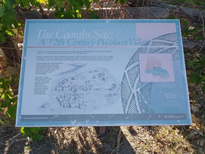 The Coombs Site: A 12th Century Puebloan Village Marker. Click for full size. The Coombs Site: A 12th Century Puebloan Village Marker image. Click for full size.