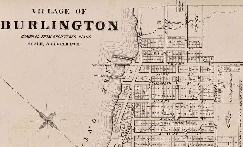 Village of Burlington, 1877, showing Bunton�s Wharf at centre image. Click for full size.