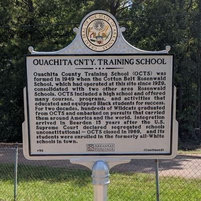 Ouachita Cnty. Training School Marker, Side One image. Click for full size.
