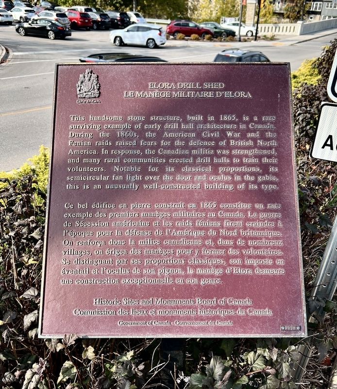 Elora Drill Shed/Le Manège Militaire D’Elora Marker. Click for full size. Elora Drill Shed/Le Manège Militaire D’Elora Marker image. Click for full size.