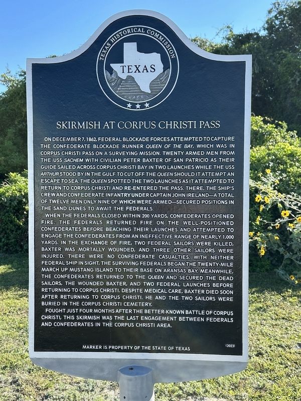 Skirmish at Corpus Christi Pass Marker. Click for full size. Skirmish at Corpus Christi Pass Marker image. Click for full size.