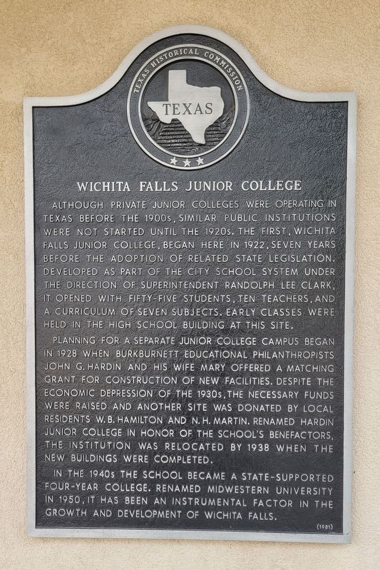 Wichita Falls Junior College Marker image. Click for full size.