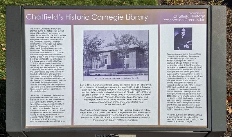 Chatfield's Historic Carnegie Library Marker. Click for full size. Chatfield's Historic Carnegie Library Marker image. Click for full size.