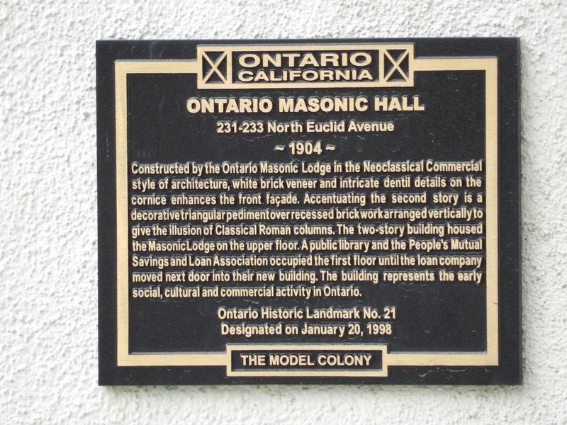 Ontario Masonic Hall Marker image. Click for full size.