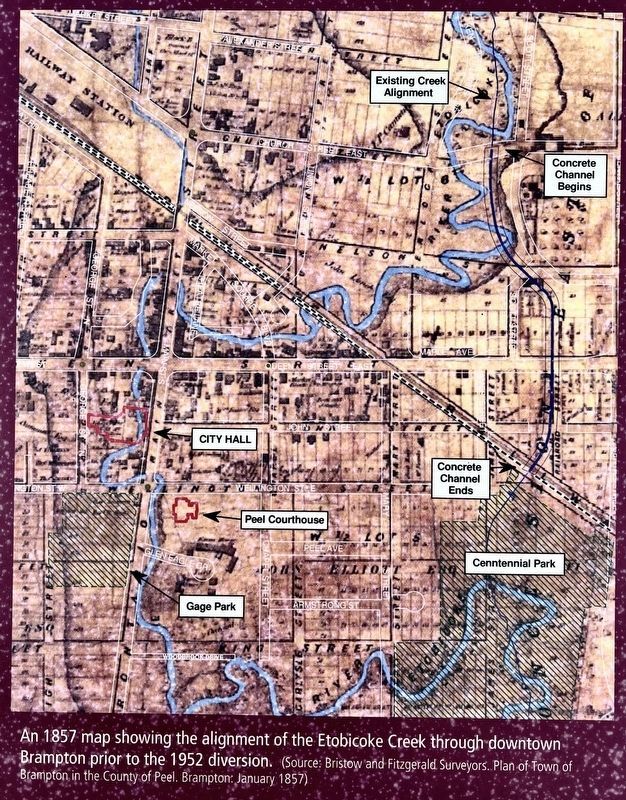 The Etobicoke Creek marker photo and caption detail (centre) image. Click for full size.