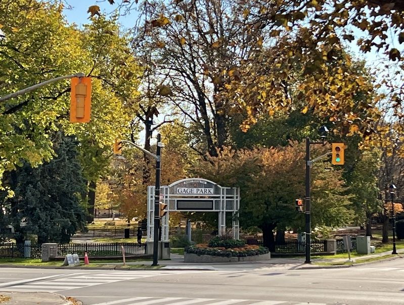 Gage Park entrance at Main St. S and Wellington St. W, 2025. Click for full size. Gage Park entrance at Main St. S and Wellington St. W, 2025 image. Click for full size.