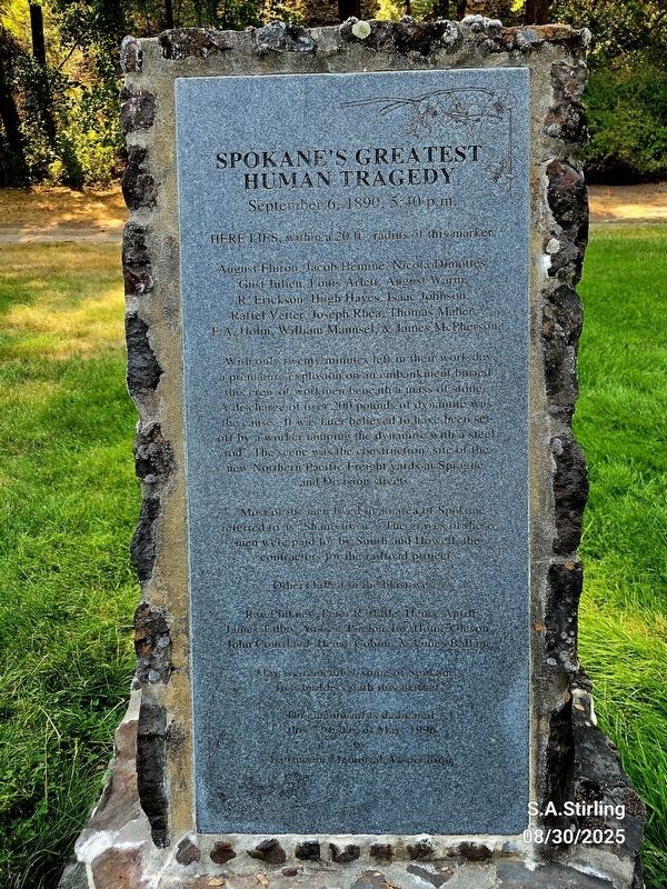 Spokane's Greatest Human Tragedy marker close-up. image. Click for full size.