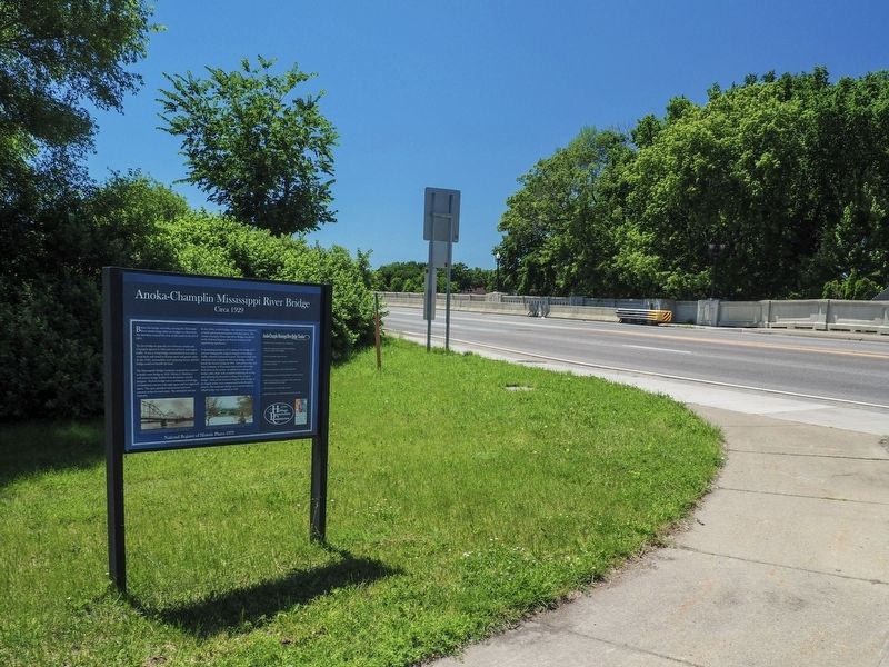 Anoka-Champlin Mississippi River Bridge Marker at the north end of the bridge. Click for full size. Anoka-Champlin Mississippi River Bridge Marker at the north end of the bridge image. Click for full size.