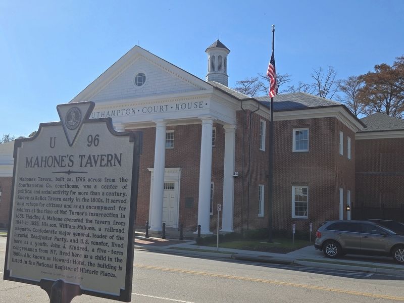Mahone's Tavern Marker across from the Southhampton County Courthouse. Click for full size. Mahone's Tavern Marker across from the Southhampton County Courthouse image. Click for full size.