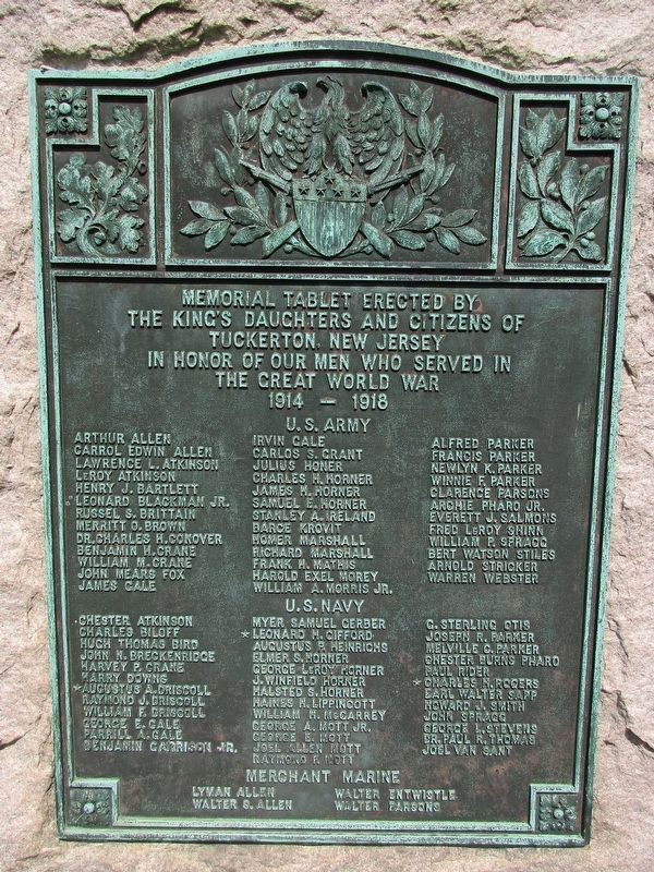 Tuckerton World War I Memorial Marker image. Click for full size.