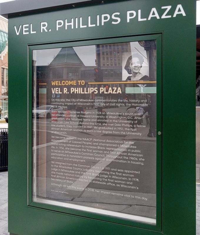 Vel R. Phillips Plaza Marker obverse. Click for full size. Vel R. Phillips Plaza Marker obverse image. Click for full size.