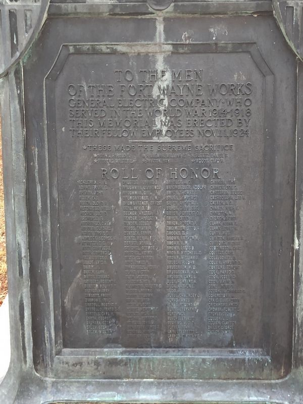 General Electric Fort Wayne Works WWI Roll of Honor Marker, Side One image. Click for full size.