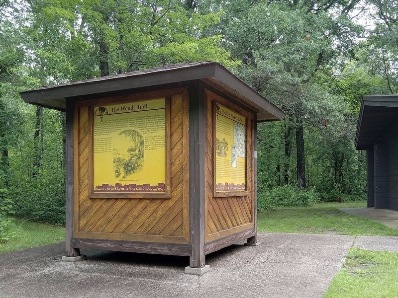 The Woods Trail Marker (left) on the kiosk at Crow Wing State Park's south picnic shelter image. Click for full size.