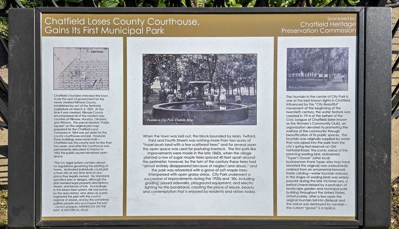 Chatfield Loses County Courthouse, Gains Its First Municipal Park Marker. Click for full size. Chatfield Loses County Courthouse, Gains Its First Municipal Park Marker image. Click for full size.