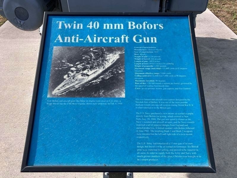 Twin 40 mm Bofors Anti-Aircraft Gun Marker. Click for full size. Twin 40 mm Bofors Anti-Aircraft Gun Marker image. Click for full size.