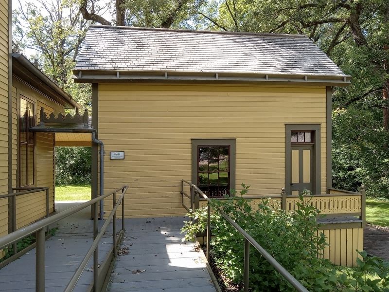 Woodshed and marker at the northwest corner of the Burwell House image. Click for full size.