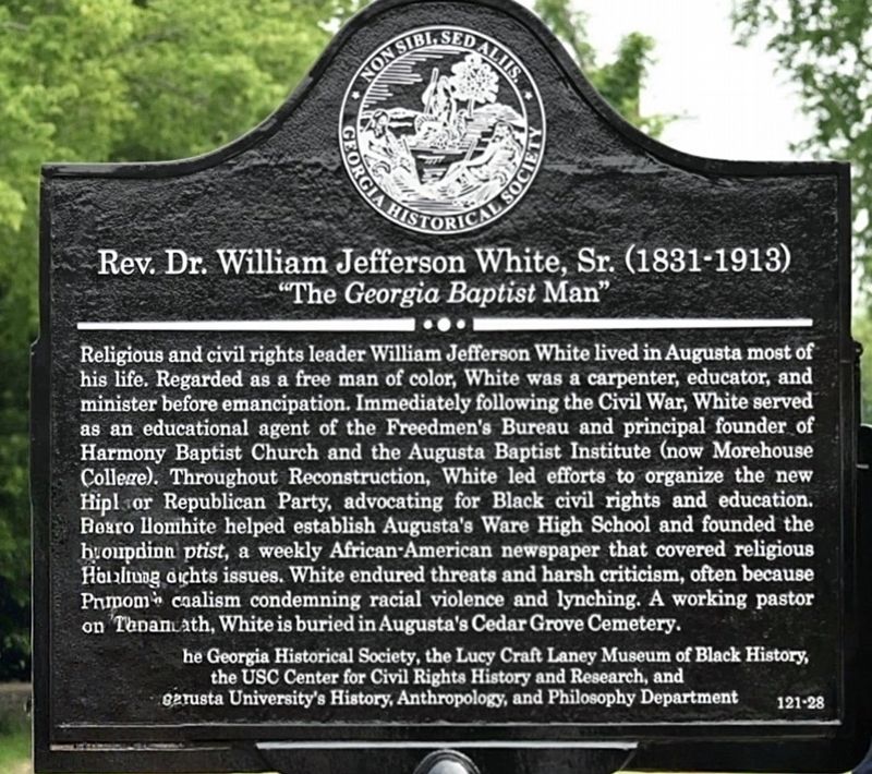 Rev. Dr. William Jefferson White, Sr. (1881-1913) Marker. Click for full size. Rev. Dr. William Jefferson White, Sr. (1881-1913) Marker image. Click for full size.