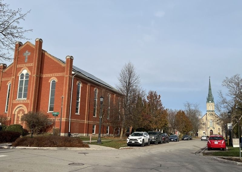 Elora United (left) and Knox Presbyterian Churches in 2025 image. Click for full size.