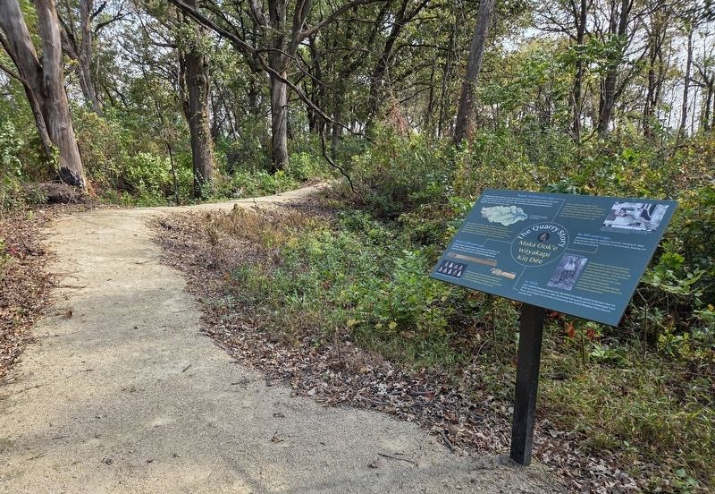 The Quarry Story/Maḳa Ook'e Wóyakapi Kiŋ Dée Marker at the Grand Meadow Chert Quarry. Click for full size. The Quarry Story/Maḳa Ook'e Wóyakapi Kiŋ Dée Marker at the Grand Meadow Chert Quarry image. Click for full size.