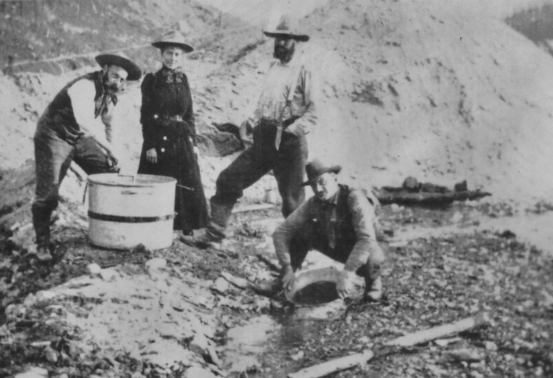Marker detail: A Woman amongst Placer Miners image. Click for full size.