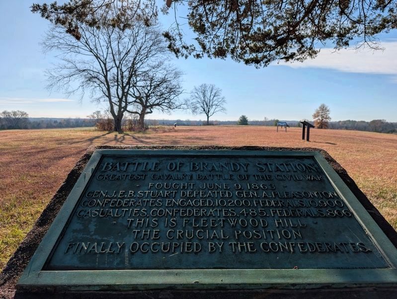 Battle of Brandy Station Marker with other markers and a view of Fleetwood Hill behind it image. Click for full size.