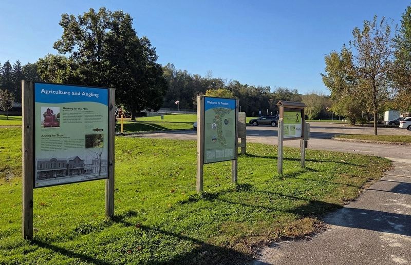 Agriculture and Angling Marker (left) at Preston's Root River Trailhead. Click for full size. Agriculture and Angling Marker (left) at Preston's Root River Trailhead image. Click for full size.
