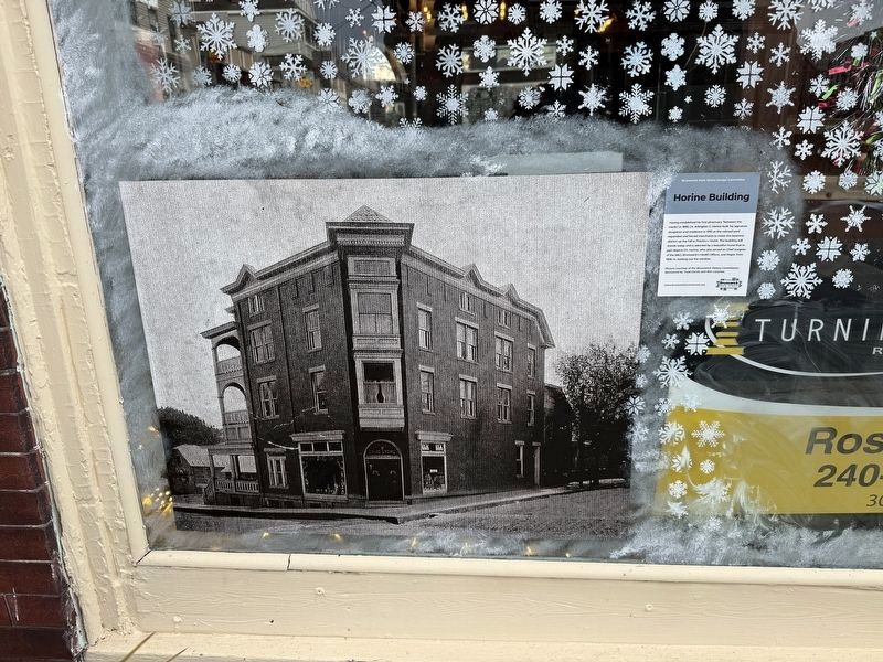 A nearby decal of the Horine Building in a storefront window. Click for full size. A nearby decal of the Horine Building in a storefront window image. Click for full size.