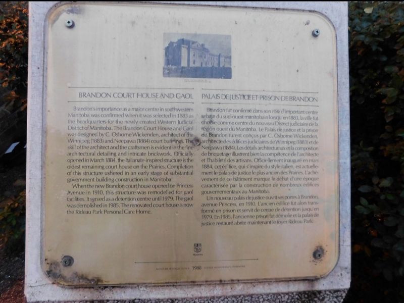 Brandon Courthouse and Gaol Marker. Click for full size. Brandon Courthouse and Gaol Marker image. Click for full size.