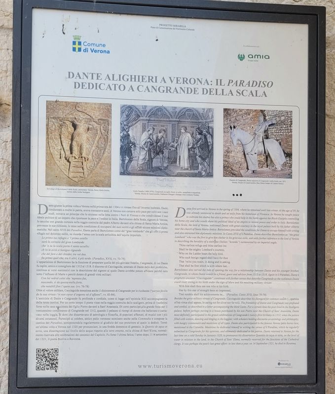 Dante Alighieri a Verona: il <i>Paradiso</i> dedicato a Cangrande della Scala Marker. Click for full size. Dante Alighieri a Verona: il <i>Paradiso</i> dedicato a Cangrande della Scala Marker image. Click for full size.