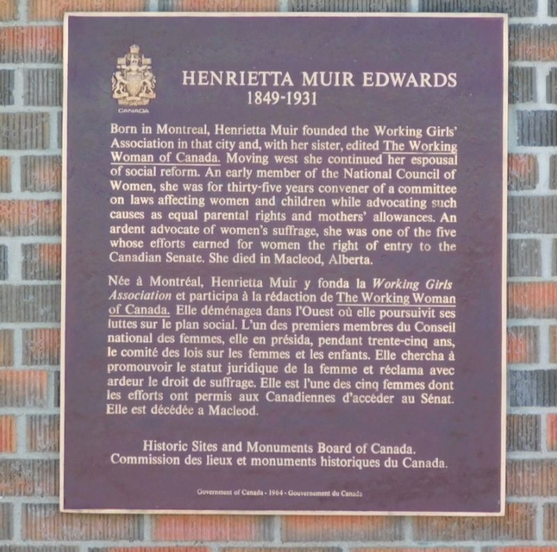 Henrietta Muir Edwards Marker. Click for full size. Henrietta Muir Edwards Marker image. Click for full size.