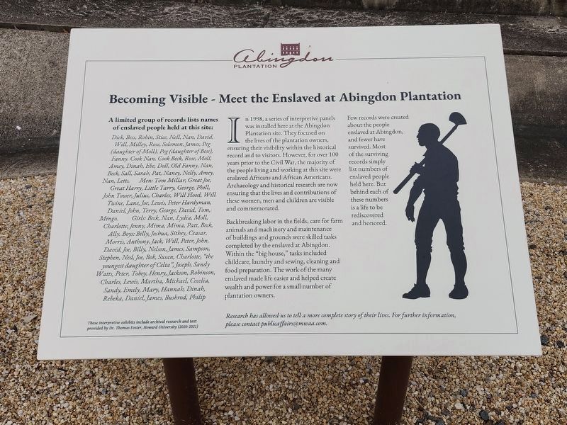 Becoming Visible - Meet the Enslaved at Abingdon Plantation Marker. Click for full size. Becoming Visible - Meet the Enslaved at Abingdon Plantation Marker image. Click for full size.