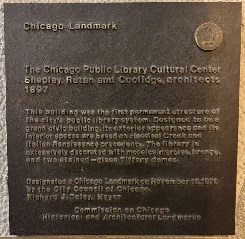 The Chicago Public Library Cultural Center Marker image. Click for full size.