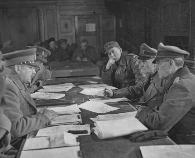 Gen. Faulkes accepting the German Surrender (as depicted in relief on the marker) image. Click for full size.