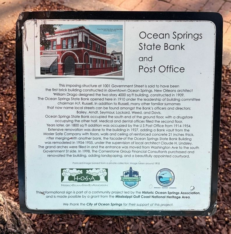 Ocean Springs State Bank and Post Office Marker. Click for full size. Ocean Springs State Bank and Post Office Marker image. Click for full size.