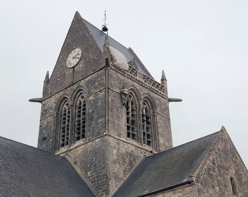 The view of the �dummy� American paratrooper on the top of the church steeple image. Click for full size.