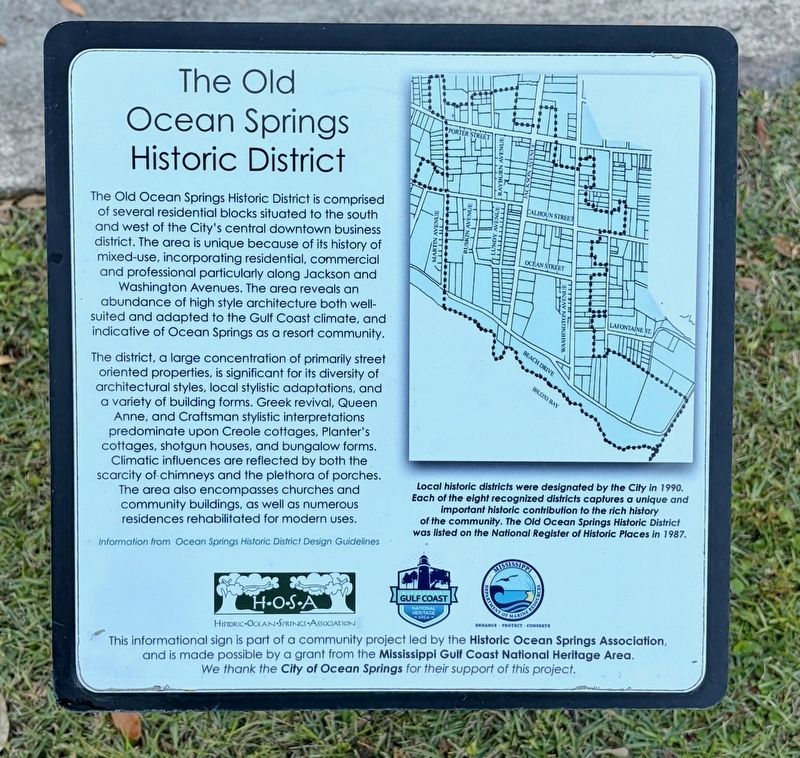The Old Ocean Springs Historic District Marker. Click for full size. The Old Ocean Springs Historic District Marker image. Click for full size.