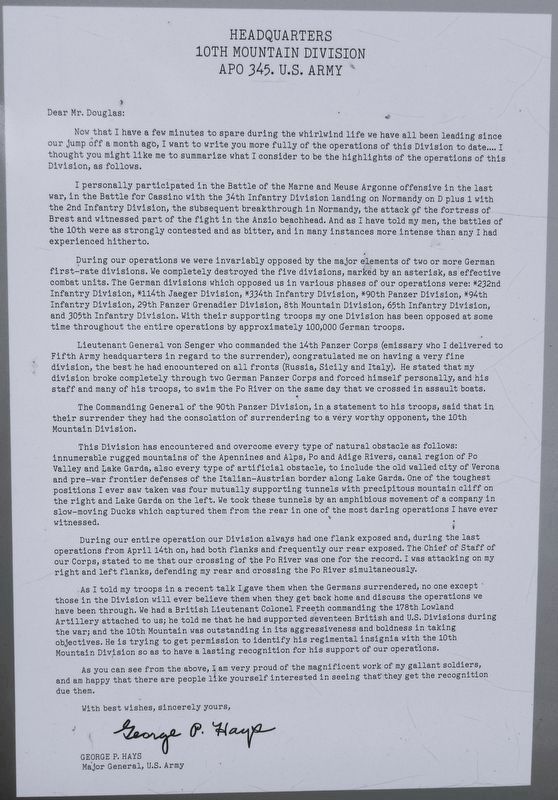 Marker detail: Summary letter written by Major General George P. Hays image. Click for full size.