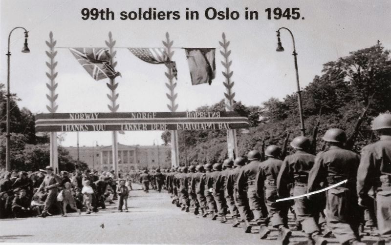 Marker detail: 99th soldiers in Oslo in 1945 image. Click for full size.