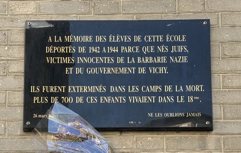 École maternelle Constantin Pecquer Deported Jewish Students Memorial Marker. Click for full size. École maternelle Constantin Pecquer Deported Jewish Students Memorial Marker image. Click for full size.