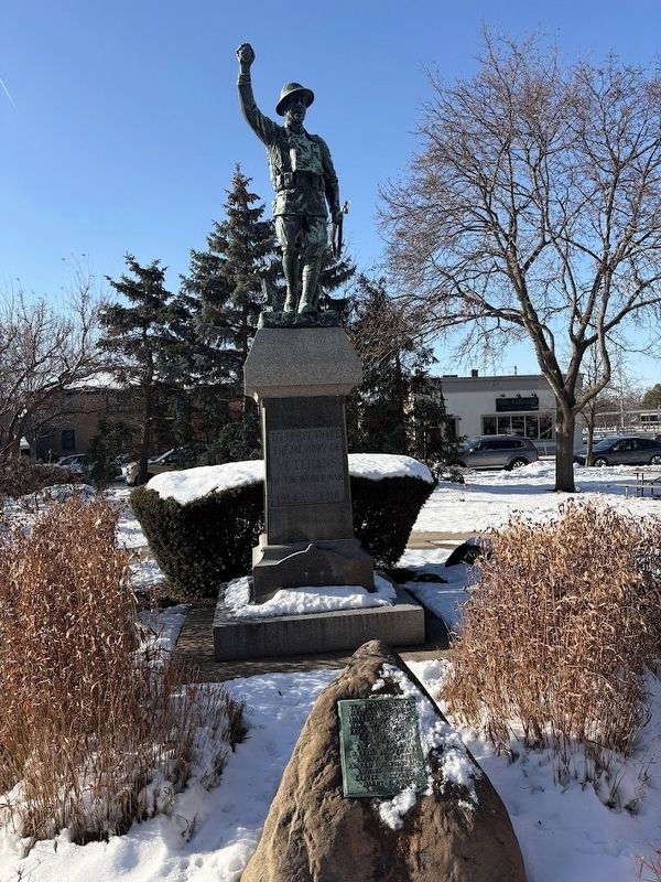 Naperville World War I Dead plaque and Doughboy statue. Click for full size. Naperville World War I Dead plaque and Doughboy statue image. Click for full size.