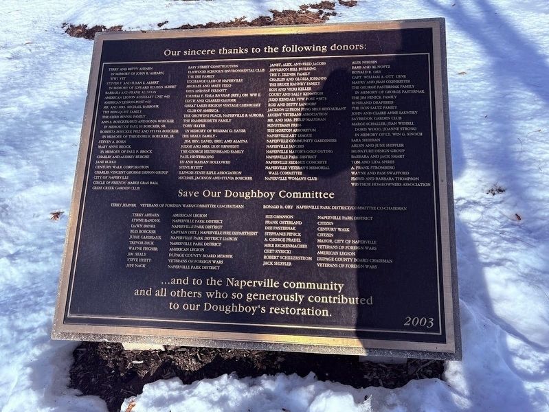 Nearby plaque about donors to the Doughboy restoration. Click for full size. Nearby plaque about donors to the Doughboy restoration image. Click for full size.