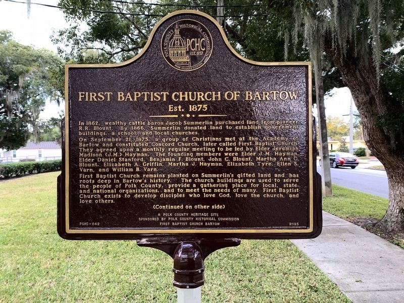 First Baptist Church of Bartow Marker, Side One image. Click for full size.