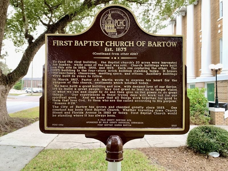 First Baptist Church of Bartow Marker, Side Two image. Click for full size.